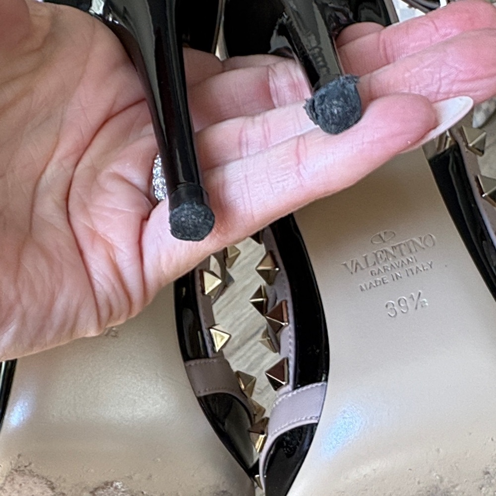 Valentino Black Patent Leather Rockstud T-Strap Heels with Nude Straps - Picture 4 of 6